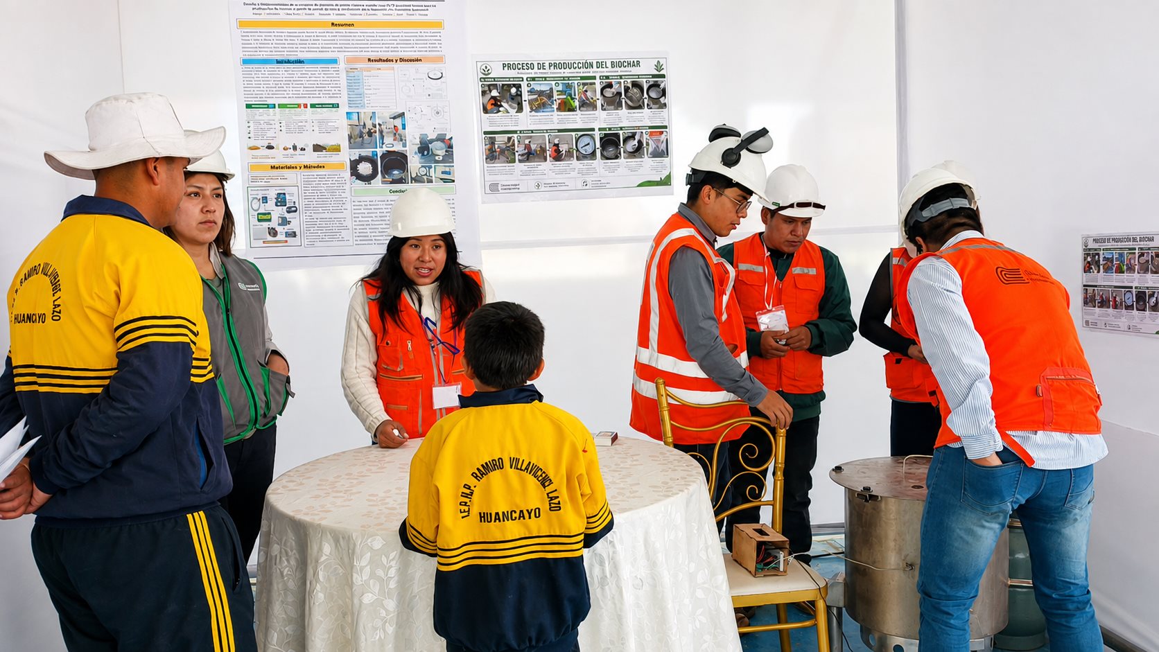 Jurado conversando con estudiantes sobre su proyecto de investigacion